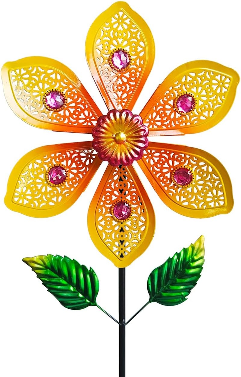 Senflame Metal Wind Spinners for Garden Decor Outdoor Windmill Sculptures, Durable Yard Art Wind Spinners Metal Wind Spinner for Patio Lawn Ornament (Bright Orange Flowers) - Image 1